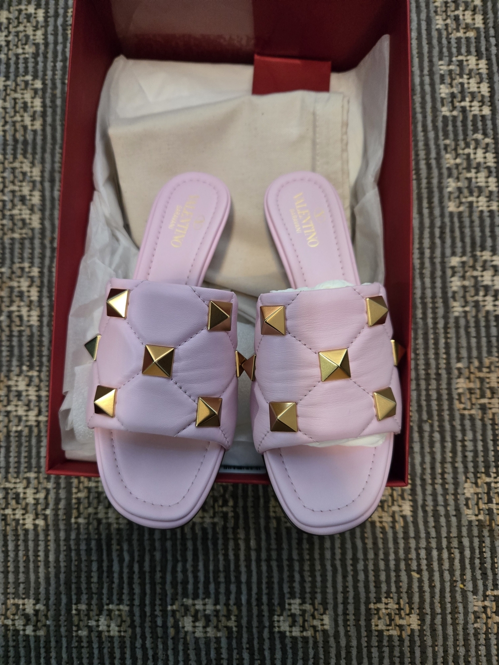 Valentino Garavani Pink Rockstud Quilted Slide Sandals
